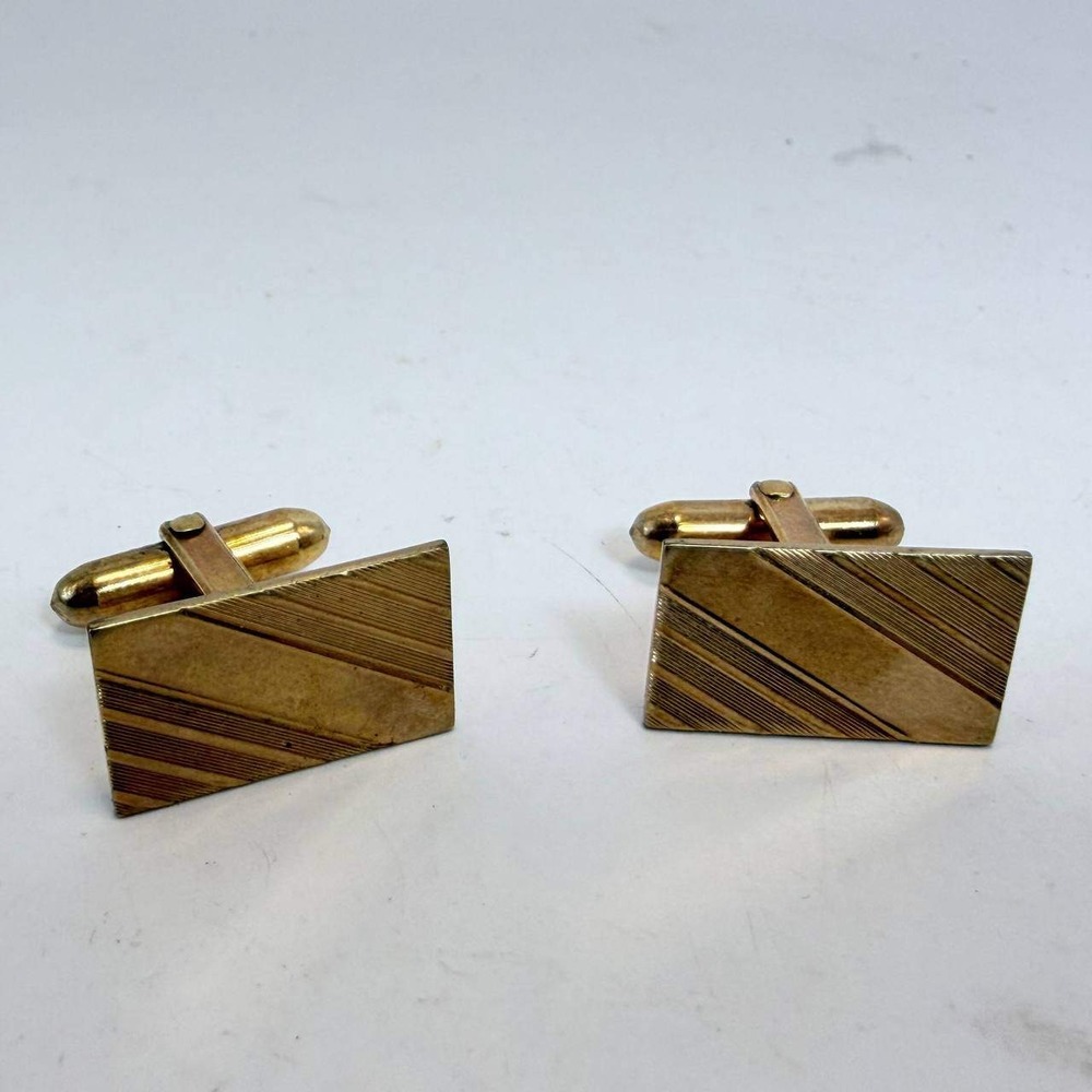 La Mode Vintage 10K Gold Filled Rectangular Etched Stripe Cufflinks Mens Gold